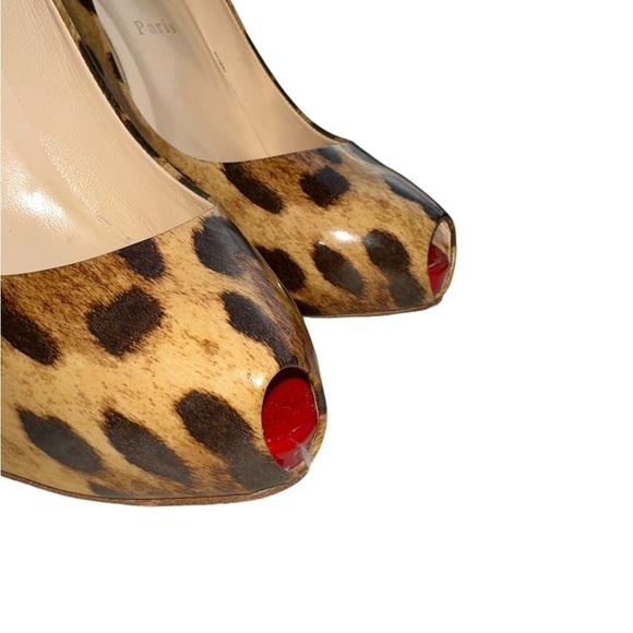 CHRISTIAN LOUBOUTIN Patent Leather Cheetah Print Peep Toe Platform Heels sz39.5 - Picture 6 of 11
